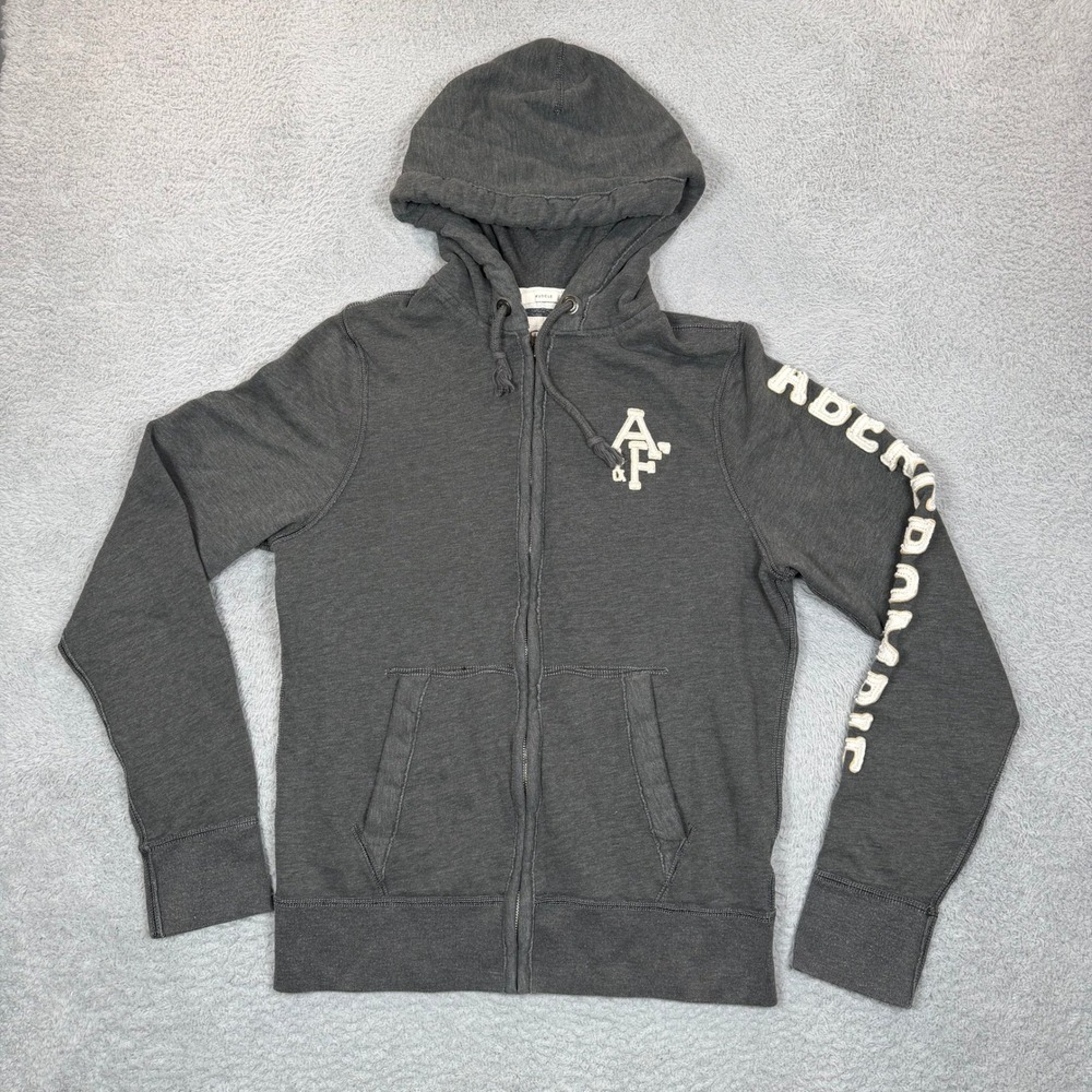 Vintage Abercrombie & Fitch Mens Y2K L Charcoal Grey Muscle Full Zip Logo Hoodie